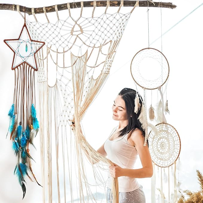 Jetec 3 Pcs Dream Catcher for Girl Star Sun Moon Decor,Dark Blue