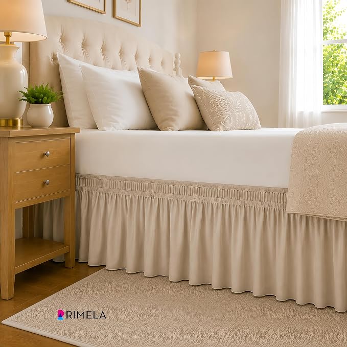 Light Camel Bed Skirt Queen Size 15" Drop, Elastic Wrap Around Bedskirt | Solid Ruffled, Easy to Use, No Mattress Lifting, Wrinkle & Fade Resistant, with Adhesive Strips, Machine Wash/Dry/Iron