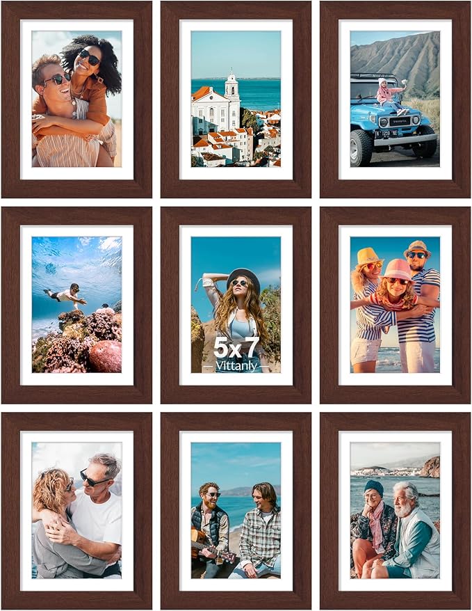 Vittanly 5x7 Picture Frames Set of 9 for Wall or Tabletop Display, Walnut | Display Pictures 4x6 with Mat or 5x7 without Mat, Small Photo Frames, Engineered Wood with Shatter Resistant Plexiglass