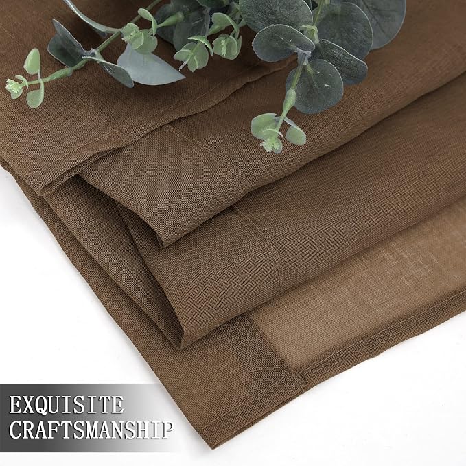 Tollpiz Sheer Tier Curtains Kitchen Linen Textured Half Curtain Sheers Light Filtering Rod Pocket Voile Bathroom Short Curtains for Farmhouse, 25 x 30 inches Long, Brown, Set of 2 Panels
