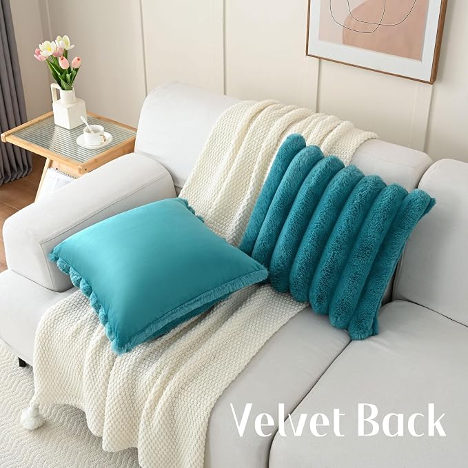HAUSSY Pack of 2 Pillow Covers 16x16 Inch, Faux Fur Decorative Couch Throw Pillows Soft Striped Plush Cushion Covers Home Decor Cute Furry Pillowcase for Living Room Sofa Bed, Teal (Covers Only)