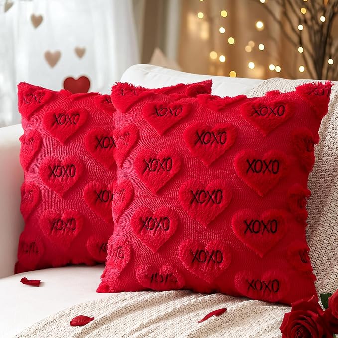 Artscope Valentines Pillow Covers 18x18 Set of 2 Decorative Love Heart XOXO Valentine's Day Throw Pillow Cases Soft Plush Faux Fur Couch Cushion Case for Holiday Sofa Bed Room Home Decor-Red XOXO