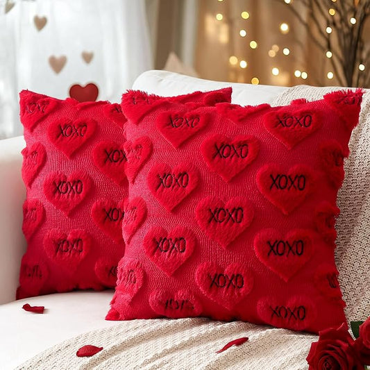Artscope Valentines Pillow Covers 18x18 Set of 2 Decorative Love Heart XOXO Valentine's Day Throw Pillow Cases Soft Plush Faux Fur Couch Cushion Case for Holiday Sofa Bed Room Home Decor-Red XOXO