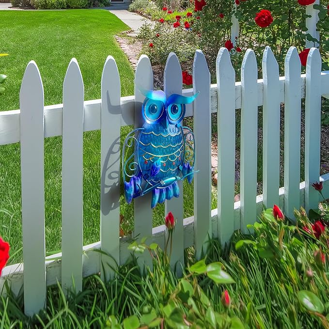 LIFFY Metal Owl Wall Decor - Cute Colorful Outdoor Wall Art - Glass Hanging Garden Decor for Patio, Porch or Door, Owl Gifts for Women