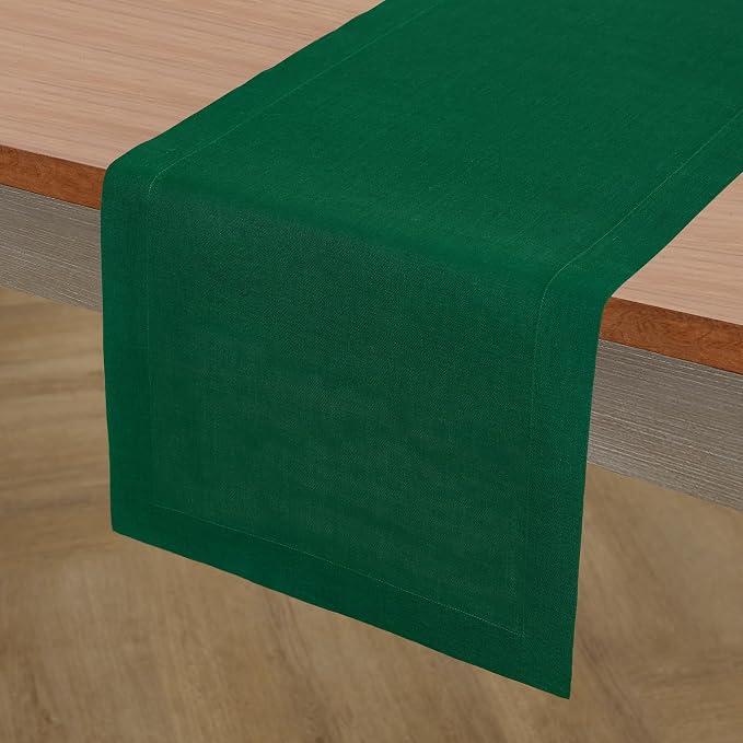 Solino Home 100% Pure Linen Table Runner Christmas Green, Fete 14 x 48 in | styles dining tables for meals and celebrations, European flax fibres, made for years of use, soft, fine, OEKO-TEX Certified