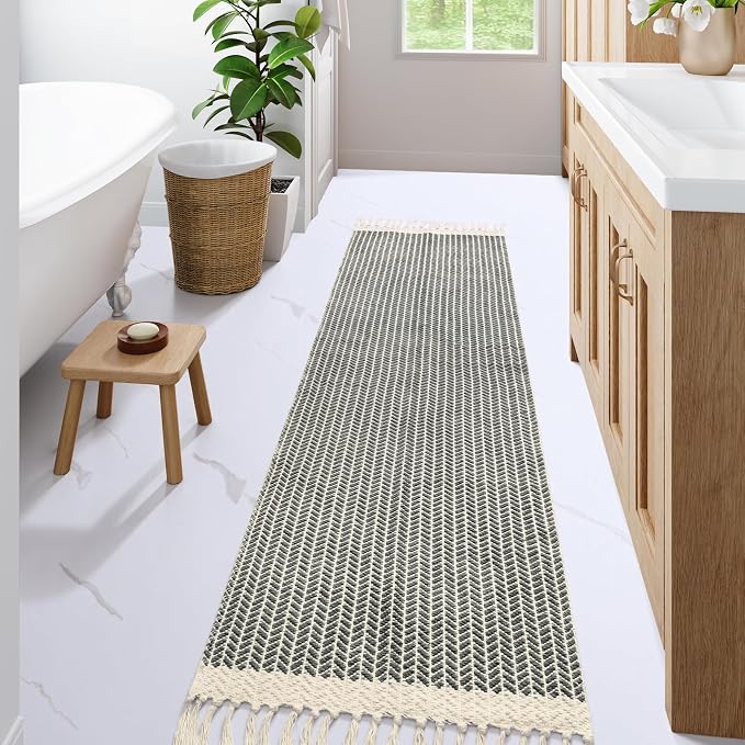 Lahome Boho Bathroom Runner Rug, 2x7 Washable Rugs for Hallway Kitchen | Woven Cotton Grey Bath Mats with Tassels, Farmhouse Decor Non Shedding Lightweight Carpet for Bedroom Laundry Room Entryway