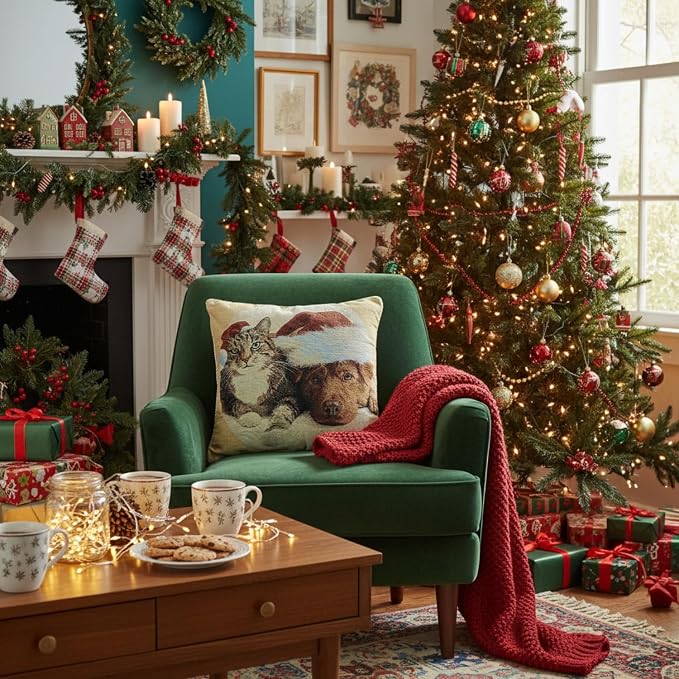 Tache Christmas Throw Pillow Cover - 1 Piece Vintage Tabby Cat Labrador Retriever Dog in Santa Hat Christmas Companions Holiday Festive Decorative Square Couch Tapestry Cushion Covers