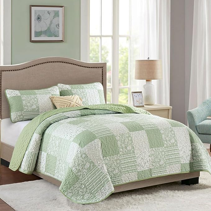 Mybedsoul Light Green Boho Quilt Set Full Size, Patchwork Quilt Bedding Set | 3 Pieces Plaid Floral Bedspread Coverlet Set for All Seasons, Soft Lightweight Patchwork Reversible Bedding Set 78"×90"