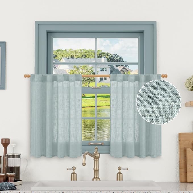 Short Linen Window Curtains 30 Inches Long 2 Panels 34 x 30 Inch | Greyish Blue, Semi Sheer, Light Filtering, Neutral Drapes for Kitchen, Cafe, Basement, Small Windows, Rod Pocket Back Tab