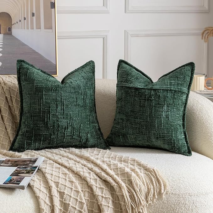 MADIZZ Pack of 2 Chenille Throw Pillow Covers 24x24 Inch Green Soft Neutral Decorative Throw Pillows for Couch Sofa Boho Accent Cushion Covers Modern Farmhouse Home Decor for Bedroom Living Room
