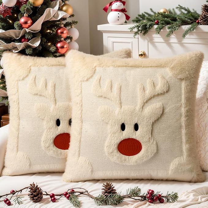 Christmas Pillow Covers Set of 2 Soft Plush Faux Fur Pillow Cases 3D Embroidered Decorative Couch Cover Home Decor Christmas Throw Pillow Covers 18x18,Beige Reindeer