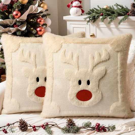 Christmas Pillow Covers Set of 2 Soft Plush Faux Fur Pillow Cases 3D Embroidered Decorative Couch Cover Home Decor Christmas Throw Pillow Covers 18x18,Beige Reindeer