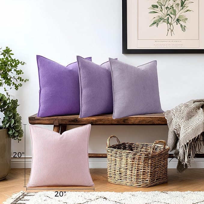 Pack of 4 Throw Pillow Covers Corduroy 20x20 Inch,Purple | Decorative Velvet Couch,Summer Cases Square,Farmhouse Boho Cushion Covers for Sofa Bed Living Room Home Decor & Office