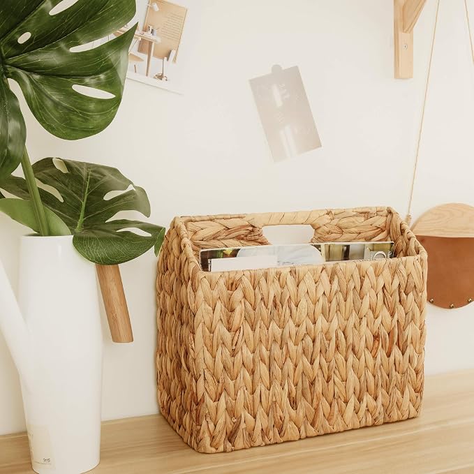 StorageWorks Hand-Woven Divided Magazine Basket, Rattan Magazine Holder, Natural Wicker Magazine Rack for Bathroom, Office, Water Hyacinth, 1 Pack | Magazine Holder Bathroom, Mail Baskets for Counter, Hand-Woven Wicker Baskets, Rattan Magazine Rack for...