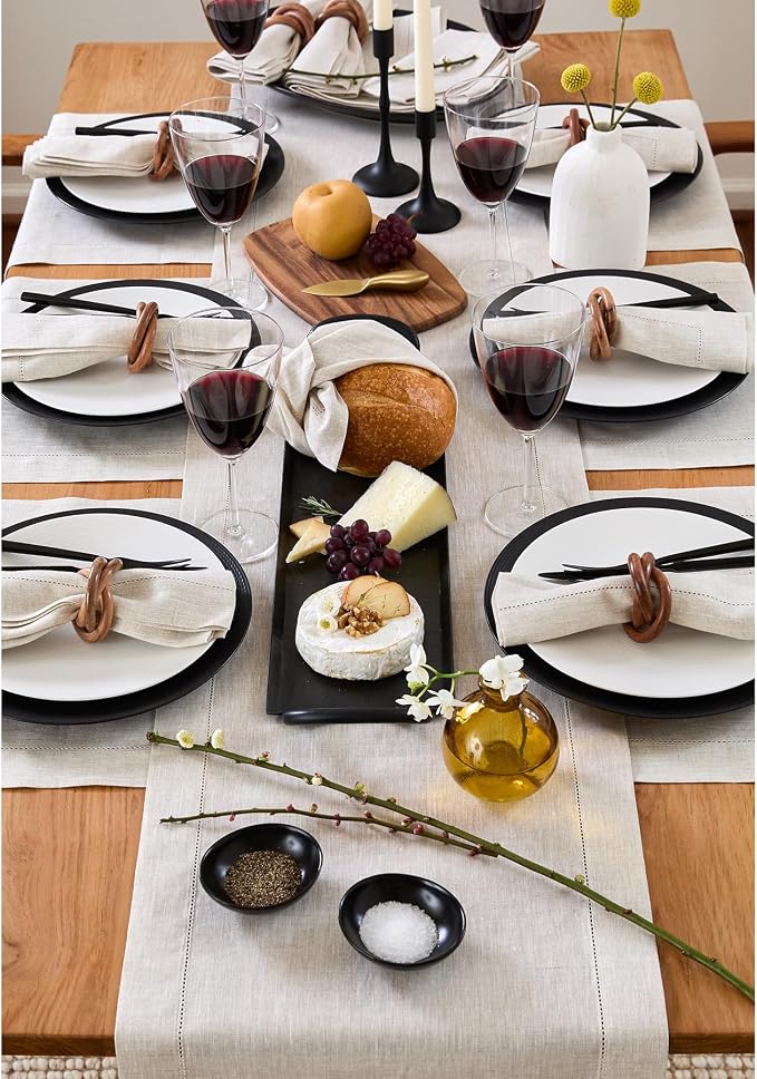 Solino Home 100% Pure Linen Dining Table Runner Light Natural, 14 x 132 in | Classic Hemstitch, a graceful centrepiece for dining and gatherings, hemstitched border, mitered corners, OEKO-TEX Certified