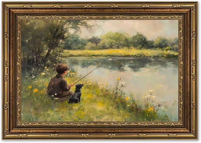 Vintage Gold Framed Wall Art Boy Fishing Country Painting Picture Peaceful Lake Landscape With Dog Wall Decor Rustic Farmhouse Poster Print for Nursery Living Room Bedroom 9x11in