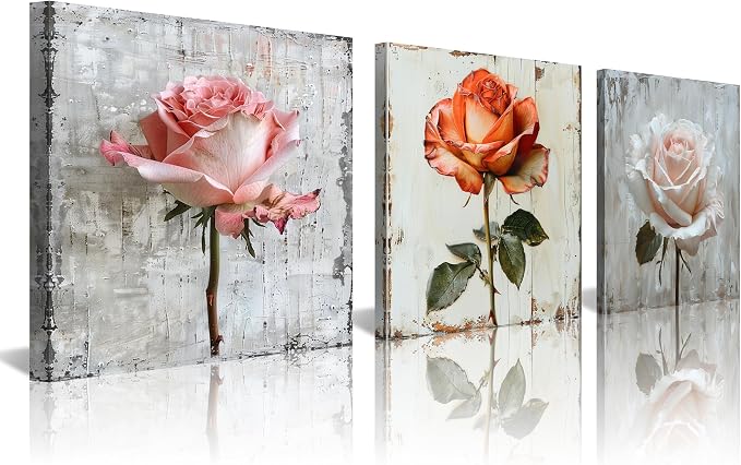 NAN Wind 3Pcs Rose with Distressed Wood Background Framed Canvas Art Vintage Floral Botanical Print Shabby Chic Flower Painting for Home Decor Ready to Hang Wall Art for Living Room Bedroom Kitchen