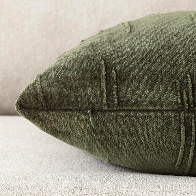Foindtower Pack of 2 Slubby Textured Chenille Throw Decorative Pillow Covers Square Accent Solid Cushion Cover Soft Farmhouse Pillow Case for Couch Sofa Bedroom Living Room 24x24 Inch,Dark Olive Green