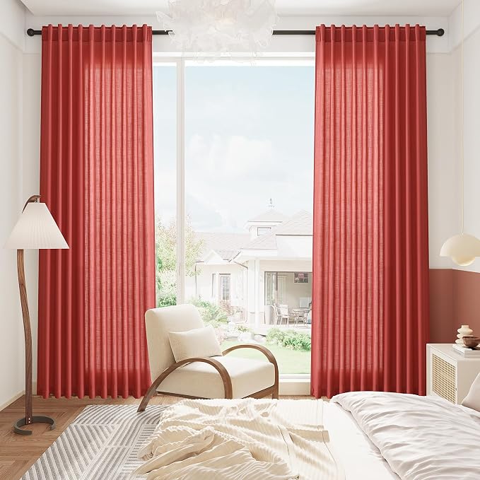 Christmas Red Linen Curtains 63 Inch Length for Living Room Light Filtering Semi Sheer Curtain Back Tab and Rod Pocket Vintage Rustic Luxury Home Decor Neutral Drapes for Bedroom 52x63, 2 Panels