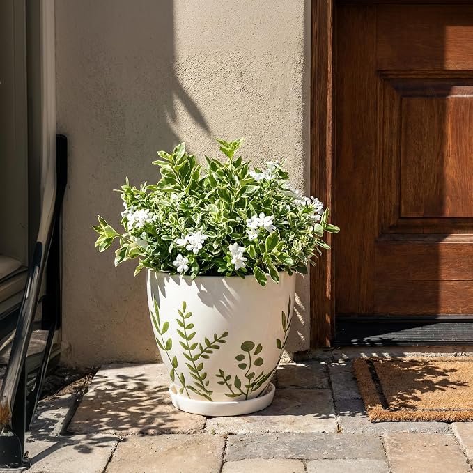 MPotTo 10 Inch Plant Pot - Ceramic Planter for Indoor Outdoor Flowers, Decorative Round Indoor Flower Pot with Drainage Hole and Saucer, Plant Lover Gifts, Garden Patio Home Office Decor, White