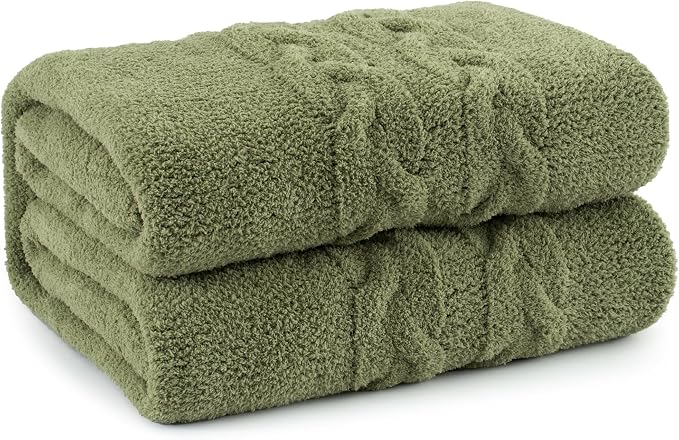Chunky Knit Blanket Super Soft Cable Fluffy Microfiber Cozy Warm Winter Blankets for Couch Sofa Bed Twin Size 60"X80" Olive Green