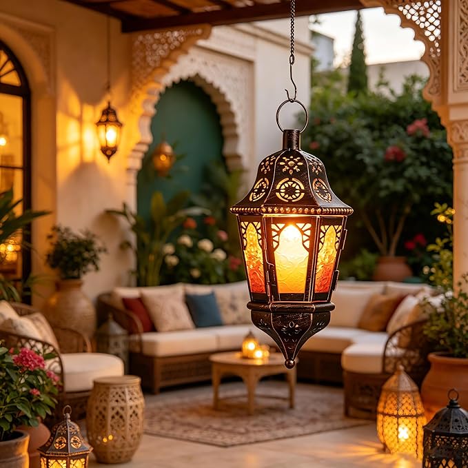 Ramadan Lantern Decorative Indoor & Outdoor, 2 PCS 13.6’’ Vintage Decorative Hanging Lanterns with Chain for Home Porch Patio Decor, Metal Christmas Moroccan Candle Holder Decorations (Amber)