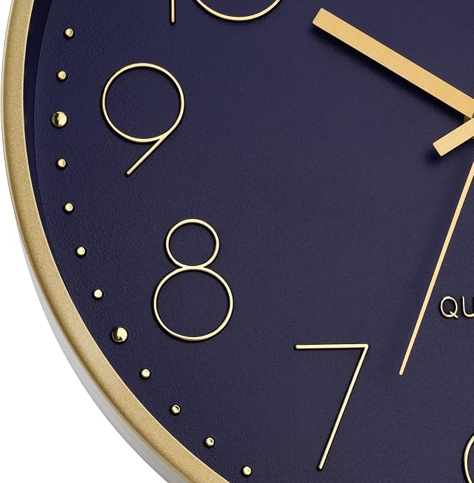 Foxtop 12" Modern Wall Clock Silent Battery Operated Metal Gold Clock | Dark Blue Dial, Non-Ticking, Round, Analog Clock, Quartz, Easy to Read, Living Room, Bedroom, Kitchen, Office