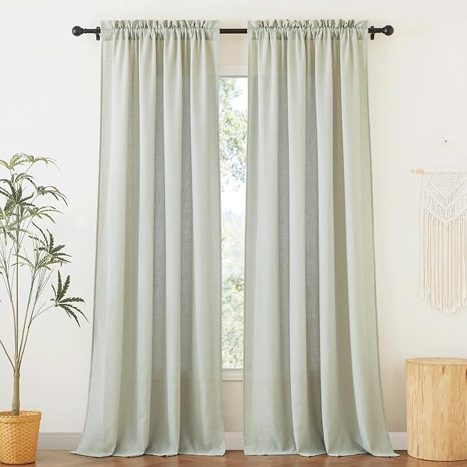 RYB HOME Linen Sheer Curtains 95 inches Long for Sliding Door | Airy & Breathable, Absorbent Curtains & Drapes, Light Filter, Half Privacy Protect, for Bedroom, Sage, W52 x L95, 2 Panels