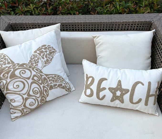 Embroidered Beach Throw Pillow Cover, Nautical Style Decorative Canvas Pillow Cover, 12 X 20 Inches, Wheat Beach