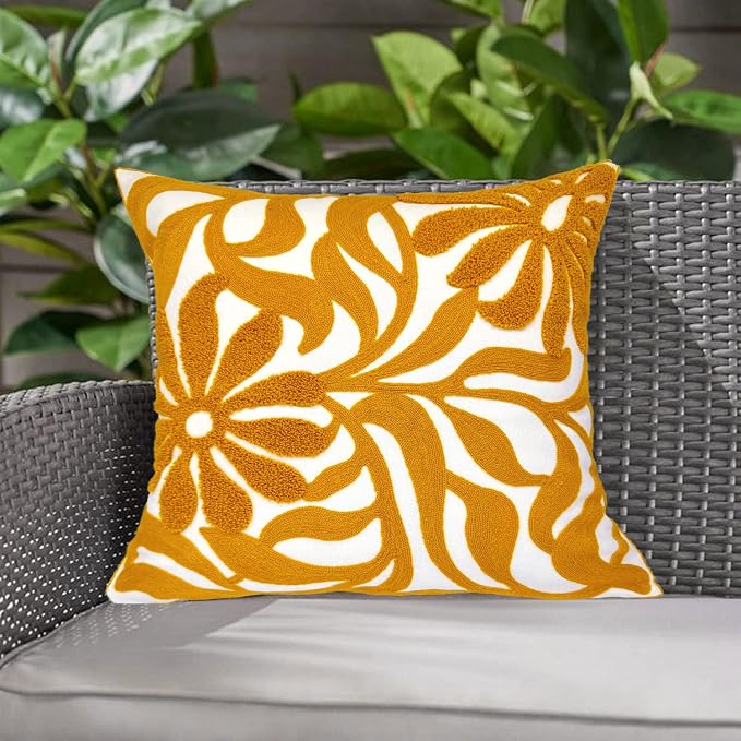 Alysheer Floral Embroidered Throw Pillow Cover 18"x18" 1pc, Mustard Yellow