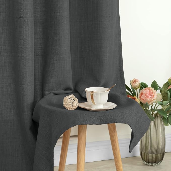 Light Filtering Linen Curtains 45 inch Length for Bedroom, Dark Grey | Thick Linen Textured, Privacy Drapes, Semi Sheer, Farmhouse Living Room Curtains, Grommet, 52 x 45 Inch, 2 Panels