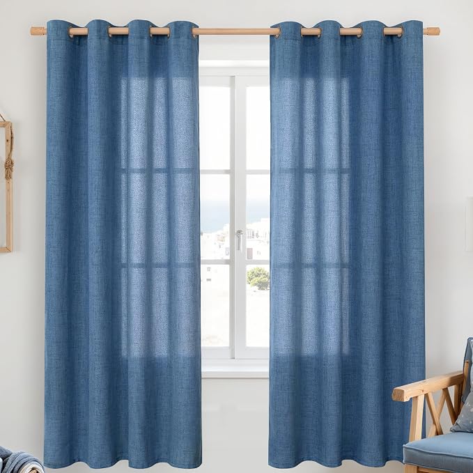 YoungsTex Navy Blue Linen Curtains 72 Inch Length for Living Room, Light Filtering Semi Sheer Drapes with Bronze Grommet Privacy for Bedroom Decorative, 52 x 72 Inch, 2 Panels