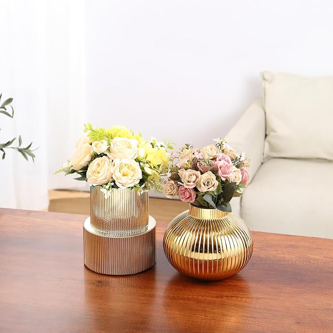 Ribbed Glass Vases, Set of 2 Fluted Vases for Flowers, Gold Glass Vase for Tulips, Modern Vase for Living Room, Kitchen, Office, Entryway, Mantle, Bookshelf, Wedding Gifts, Birthday