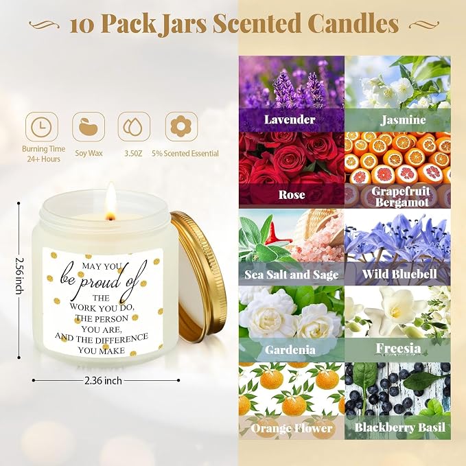 Fumete 10 Pcs Employee Appreciation Gifts Jars Scented Soy Candles 3.5 oz Inspirational Candles Team Thank You Gifts for Nurse CNA Week Gift Coworker Volunteers Teachers Group(White, Proud)