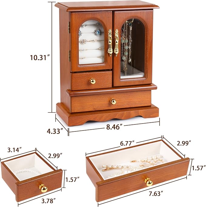 Kendal Wooden Jewelry Box for Women, Graduation Gift Solid Jewelry Holder Organizer, Mothers Day Gifts Wood Jewelry Case with Mirror for Necklaces, Earring, Rings (2 Side Door, Oak)