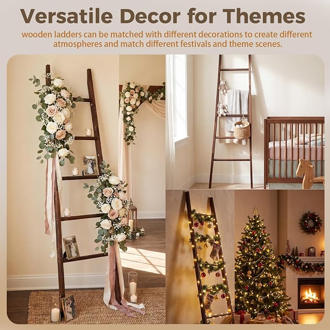 Sintuff Tapered Blanket Ladder for Living Room, 5.5ft Wooden Blanket Rack, 5-Tier Natural Leaning Tapered Ladder Shelf for Farmhouse Bedroom Living Room Bathroom Decor, Walnut Brown