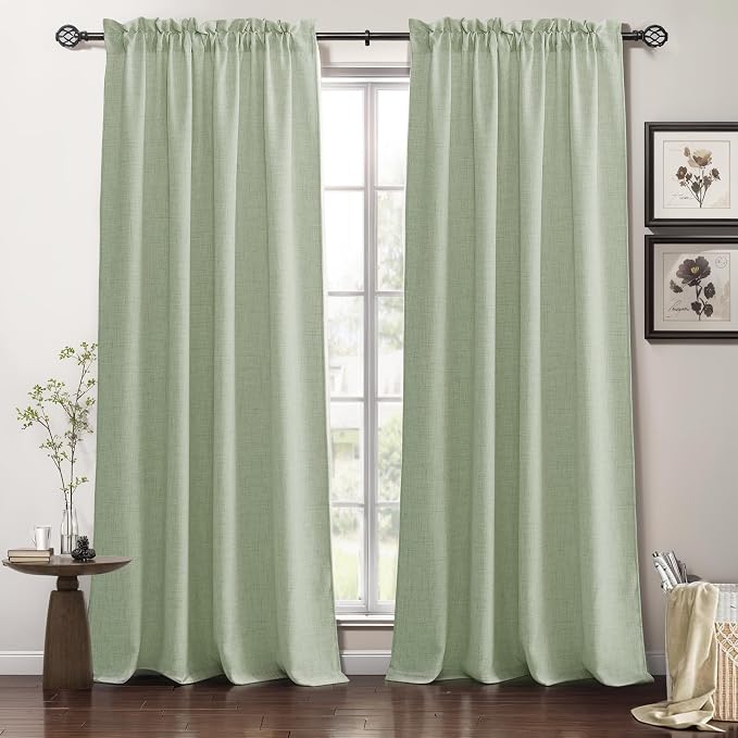 RYB HOME Linen Sheer Curtains 108 inches Long for Living Room | Breathable, Weave Textured, Rod Pocket, Semi Sheer, Sage Green, for Dining Room, W52 x L108, 2 Panels Set