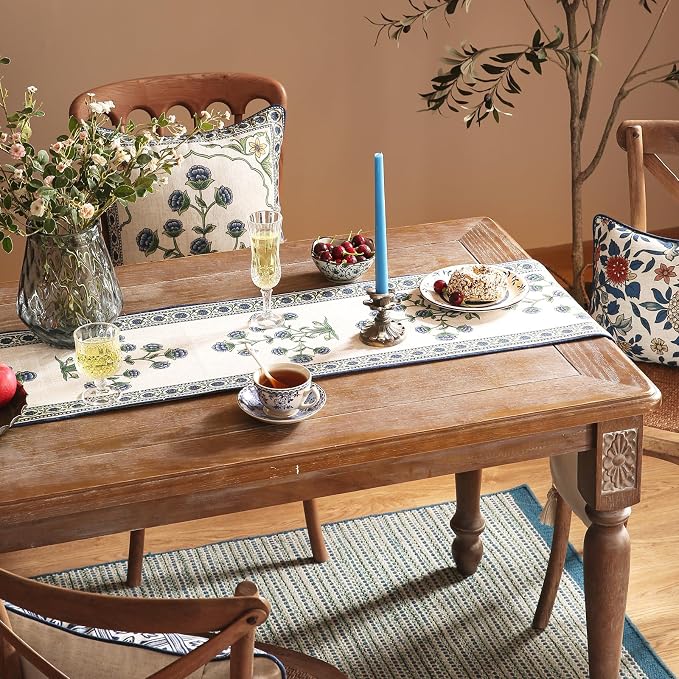 Patdrea Designer Elegant French Linen Table Runner,12"X87"-Ivar B | Vintage Tablerunner 87 Inches Long,Floral Pattern with Tassel Edge,Decorative Runner for Dining Room Living Room