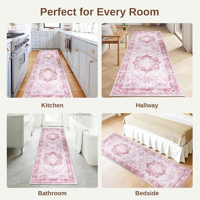 Pink Runner Rug 2x6, Washable Runners for Hallways Non Slip | Soft faux wool, machine washable & stain resistant. Non-slip rubber backing, low pile. For hallway, kitchen, bedroom.