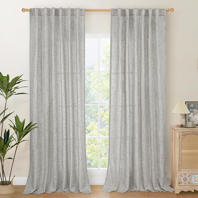Dark Grey Linen Semi Sheer Curtains 52X95 Inch for Living Room Floor Length | Light Filtering Drapes for Dining Bedroom Window Rod Pocket Back Tab, 2 Panels Set