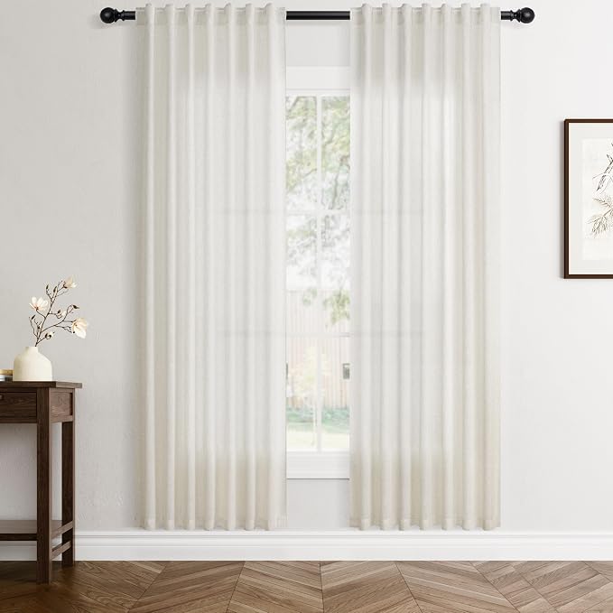 Jowels Natural Linen Curtains 70 Inch Long 2 Panels for Living Room | Ivory Light Filtering Sheer Curtain,Back Tab Pocket Pleated Look,Modern Farmhouse Textured Privacy Drapes for Bedroom Window
