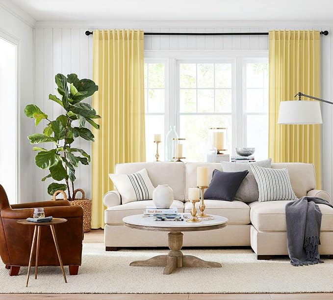 Jowels Yellow Linen Curtains 96 Inch Long 2 Panels for Living Room | Light Filtering Semi Sheer Curtain, Back Tab Pocket Pleated Look, Boho Farmhouse Textured Privacy Drapes for Bedroom Window