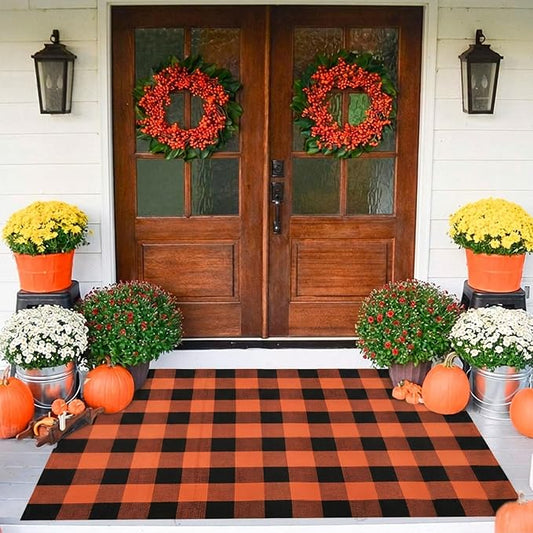 Buffalo Plaid Outdoor Rug 4x6 Ft Orange and Black Checkered Area Rug Halloween Washable Fall Indoor Outdoor Rugs for Entryway,Hallway, Kitchen, Living Room, Dining Room, Bedroom