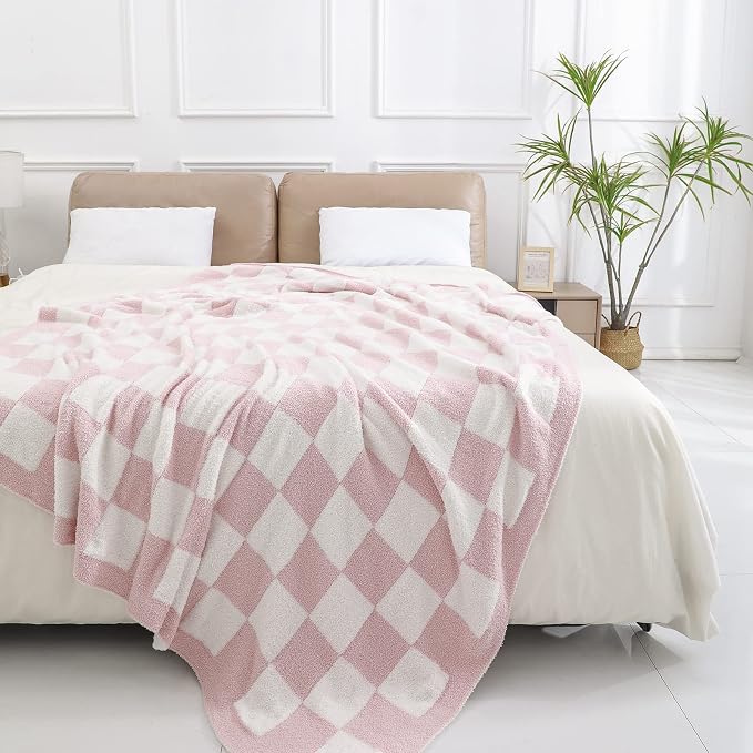 bearberry Soft Plush Throw Blanket for Couch, Cozy Warm & Lightweight | Knitted Fluffy Checkered Comfort Home Decor Gift for Women Mom Her, Sofa Chair Bed, 50x60in, Pink