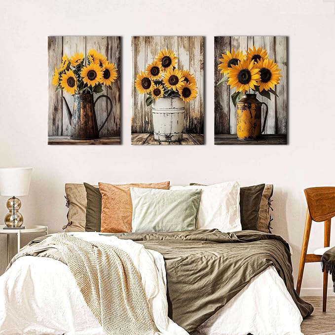 Yellow Sunflower Canvas Wall Art Sun Flower Pictures for Living Room Natural Botanic Flower Prints Canvas Artwork Retro Floral Paintings Wall Decor for Bathroom Bedroom Home Decorations 24x36"3Pcs