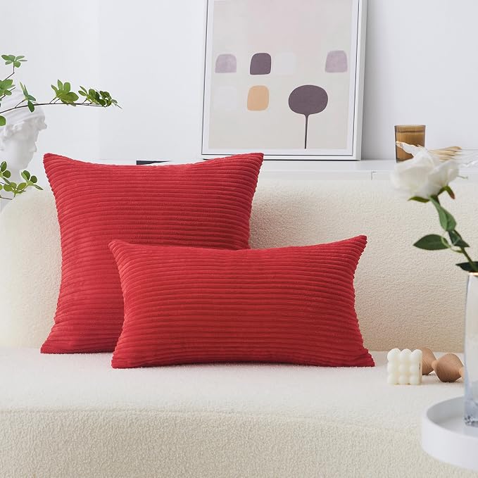 Home Brilliant Red Pillow Covers 20x20 Set of 2 Super Soft Corduroy Stripes Velvet Decorative Throw Pillow Covers for Couch Patio, 20 x 20 Inches, Red