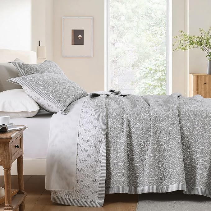 SahSahCasa Quilt Set King Size, 100% Cotton Quilt Bedding Set Bedspread, Botanical Pattern Solid Color Chic Lightweight Quilted Comforter for King Bed, White/Gray, All Season, 3 Pieces