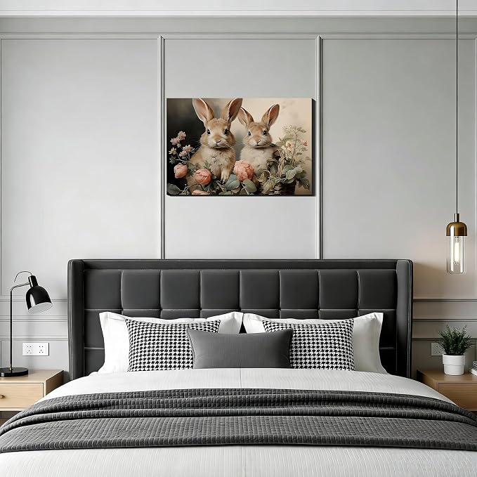 RIBNTAK Large Vintage Bunny Canvas Wall Art 20x30, Framed Cozy Spring Prints Pictures, Easter Rabbit Canvas Artwork for Bedroom, Living Room, Office, Cute Farmhouse Home Wall Decor