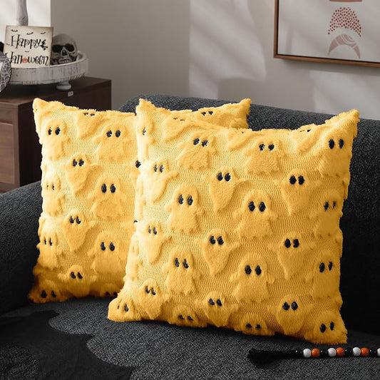 DFXSZ Halloween Pillow Covers 18x18 inch 2Pcs Yellow Ghost Halloween Decor