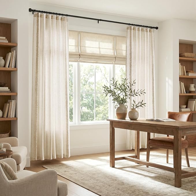 jinchan Beige Linen Curtains with Woven Trim Back Tab 50 x 84 Inch 2 Panels | Semi sheer light filtering, modern farmhouse curtains for living room and bedroom, back tab rod pocket, machine washable